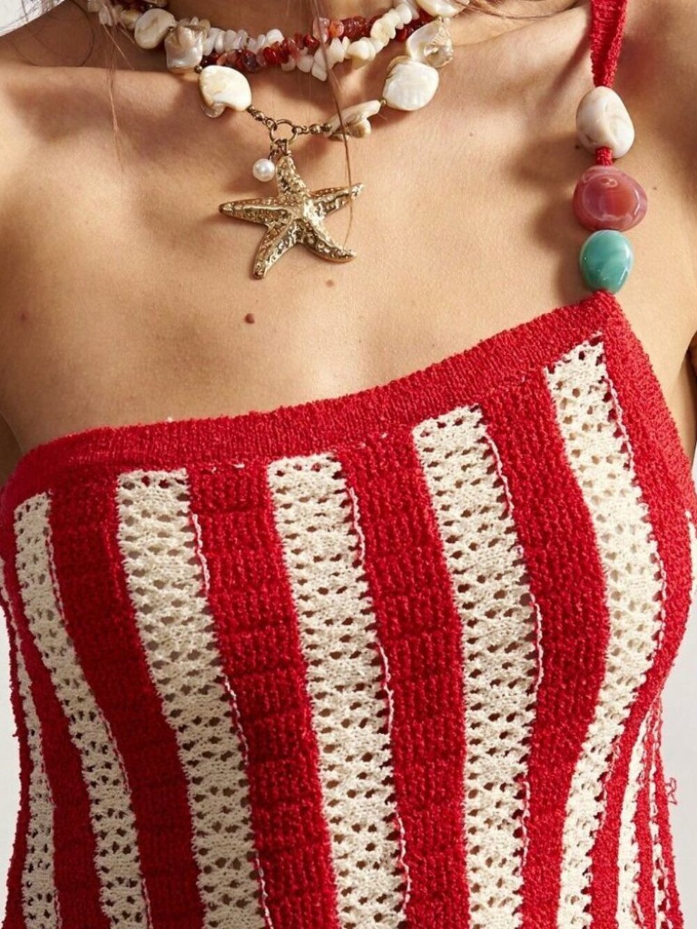Red Boho Chic Women's Striped Asymmetric Top with Beads - Picture 3 of 7